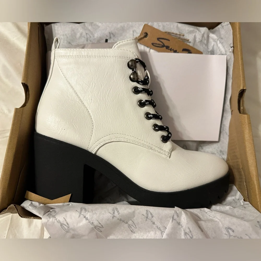 Seven7 White and Black Lug Heel Ankle Boots